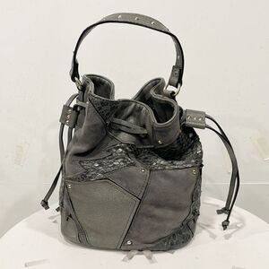Betsey Johnston Y2K Bucket Mini Bag Purse Black Studs Faux Leather Gray
